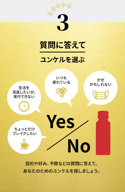 3 質問に答えてあなたのためのユンケルを選ぶ